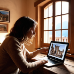 **Prompt 1: The Photographer's Digital Sanctuary**
    A female photographer, sitting in a warmly lit, slightly rustic Italian-style home office, is deeply engaged with her laptop. The screen displays a vibrant photography blog, not just a portfolio, but a dynamic mix of beautifully composed landscape photos (e.g., of the Dolomites or Roman streets) interspersed with candid, authentic "behind-the-scenes" shots, showing her process, challenges, or even "failed" experiments. Subtle glowing lines connect the blog to various diverse faces or hands reaching out, symbolizing genuine audience connection and community. The atmosphere is cozy, intimate, and authentic, emphasizing the "soul behind the lens" rather than just perfection. Soft, natural light filters through a window, perhaps revealing a glimpse of an Italian cityscape.