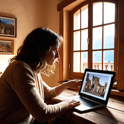 **Prompt 1: The Photographer's Digital Sanctuary**
    A female photographer, sitting in a warmly lit, slightly rustic Italian-style home office, is deeply engaged with her laptop. The screen displays a vibrant photography blog, not just a portfolio, but a dynamic mix of beautifully composed landscape photos (e.g., of the Dolomites or Roman streets) interspersed with candid, authentic "behind-the-scenes" shots, showing her process, challenges, or even "failed" experiments. Subtle glowing lines connect the blog to various diverse faces or hands reaching out, symbolizing genuine audience connection and community. The atmosphere is cozy, intimate, and authentic, emphasizing the "soul behind the lens" rather than just perfection. Soft, natural light filters through a window, perhaps revealing a glimpse of an Italian cityscape.