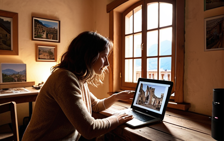 **Prompt 1: The Photographer's Digital Sanctuary**
A female photographer, sitting in a warmly lit, slightly rustic Italian-style home office, is deeply engaged with her laptop. The screen displays a vibrant photography blog, not just a portfolio, but a dynamic mix of beautifully composed landscape photos (e.g., of the Dolomites or Roman streets) interspersed with candid, authentic "behind-the-scenes" shots, showing her process, challenges, or even "failed" experiments. Subtle glowing lines connect the blog to various diverse faces or hands reaching out, symbolizing genuine audience connection and community. The atmosphere is cozy, intimate, and authentic, emphasizing the "soul behind the lens" rather than just perfection. Soft, natural light filters through a window, perhaps revealing a glimpse of an Italian cityscape.