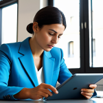 A focused Italian professional photographer, female, in a modest business suit, intently reviewing market research data on a sleek tablet. She is seated at a clean, modern desk in a sunlit co-working space in an Italian city, with architectural elements subtly visible in the background. Her expression is thoughtful and determined, reflecting preparation and strategic thinking. The scene is well-lit, with a professional and clean aesthetic. perfect anatomy, correct proportions, natural pose, well-formed hands, proper finger count, natural body proportions, fully clothed, modest clothing, appropriate attire, professional dress, safe for work, appropriate content, professional photography, high quality.