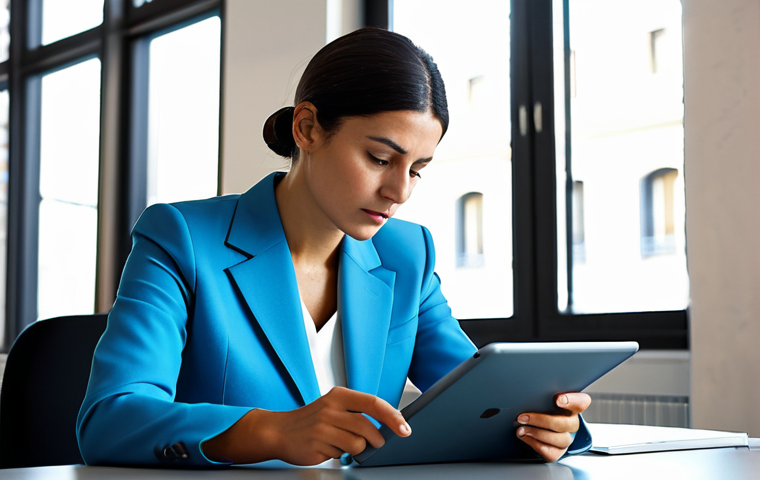 A focused Italian professional photographer, female, in a modest business suit, intently reviewing market research data on a sleek tablet. She is seated at a clean, modern desk in a sunlit co-working space in an Italian city, with architectural elements subtly visible in the background. Her expression is thoughtful and determined, reflecting preparation and strategic thinking. The scene is well-lit, with a professional and clean aesthetic. perfect anatomy, correct proportions, natural pose, well-formed hands, proper finger count, natural body proportions, fully clothed, modest clothing, appropriate attire, professional dress, safe for work, appropriate content, professional photography, high quality.