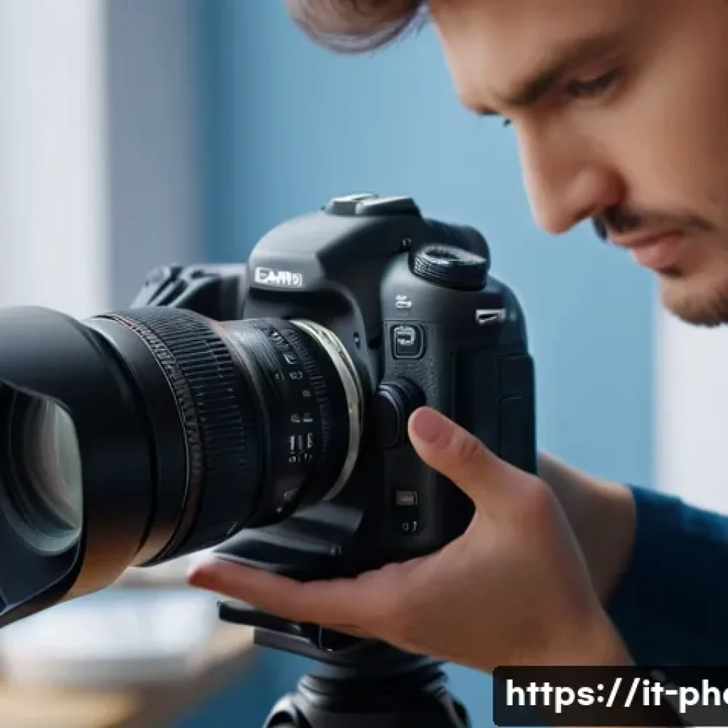 사진 자격증 시험 준비 방법 - A detailed close-up shot of a professional DSLR camera setup on a sturdy tripod in a bright Italian ...