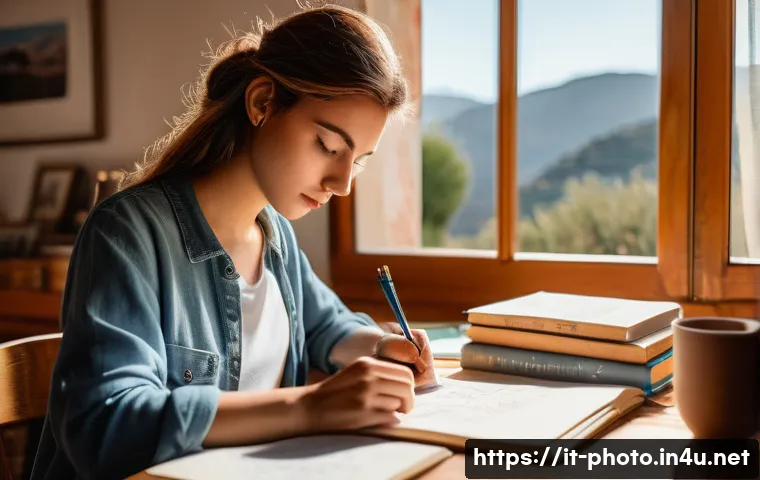 사진 자격증 공부 스케줄 만들기 - A focused young adult woman studying photography theory at a cozy Italian-style home desk, surrounde...