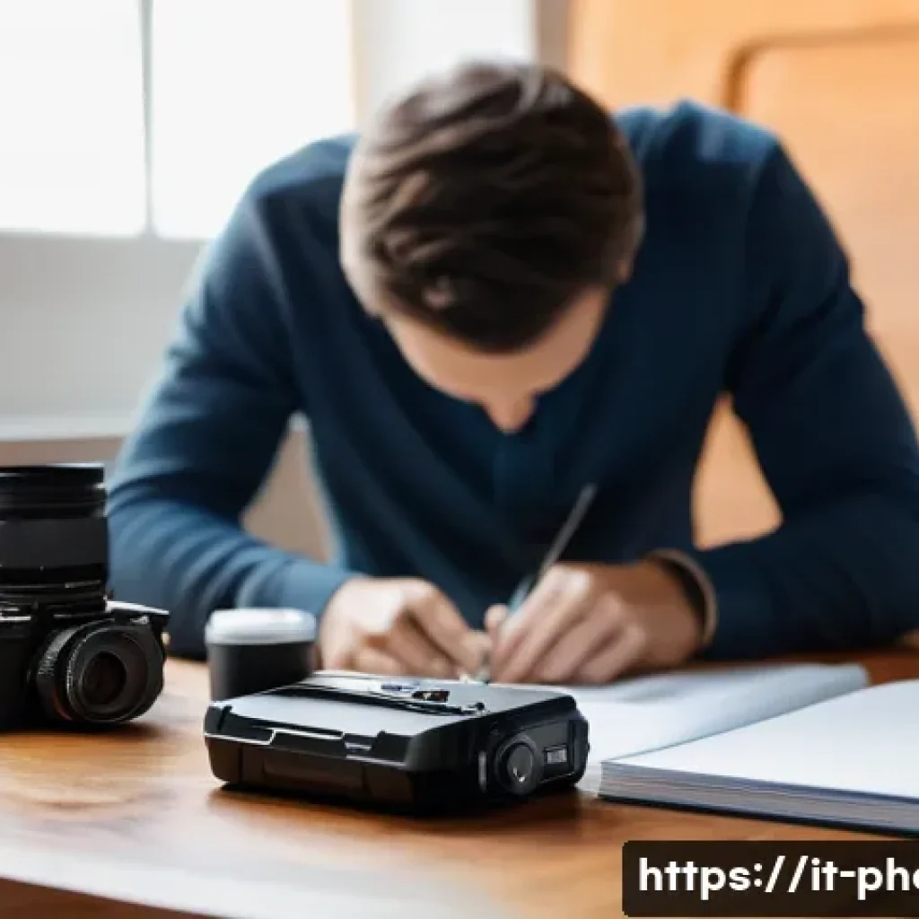 사진 자격증 시험장에서 실수하지 않는 법 - A detailed scene of a professional photographer preparing for an exam indoors, carefully checking ca...
