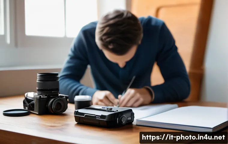 사진 자격증 시험장에서 실수하지 않는 법 - A detailed scene of a professional photographer preparing for an exam indoors, carefully checking ca...