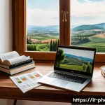 사진 자격증 관련 학습 자료 무료 다운로드 - A cozy home study corner designed for an Italian photography enthusiast: a wooden desk with a modern...