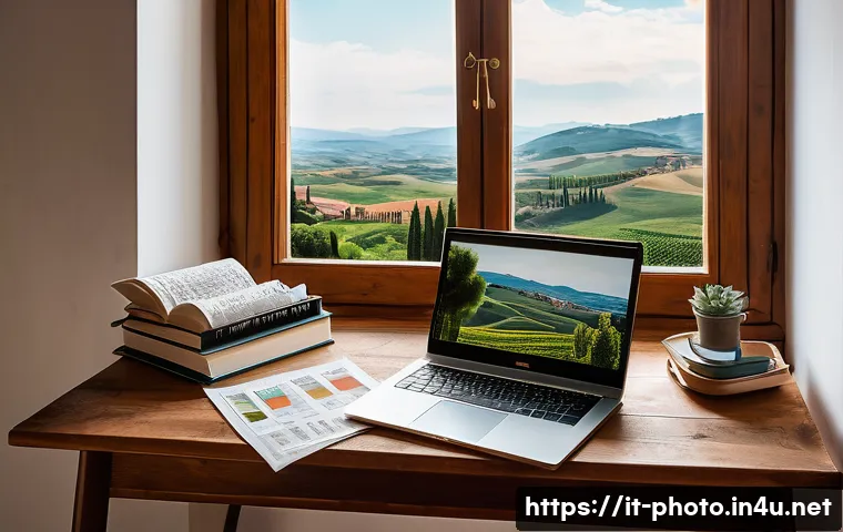 사진 자격증 관련 학습 자료 무료 다운로드 - A cozy home study corner designed for an Italian photography enthusiast: a wooden desk with a modern...