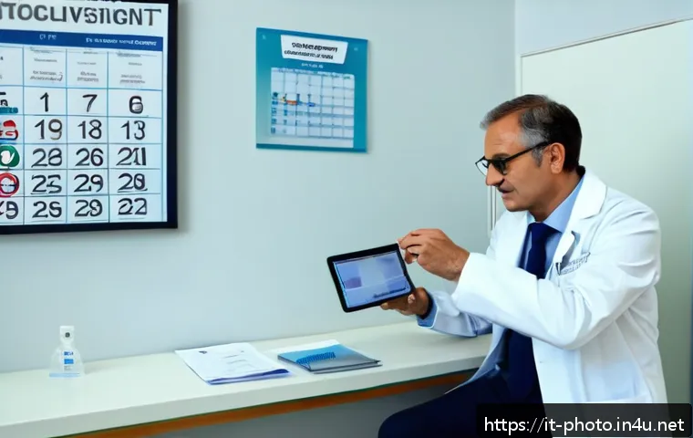사진 자격증의 유효기간 및 연장 방법 - A modern Italian medical examination room inside an ASL center, showing a middle-aged adult man wear...