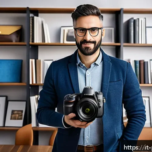 사진 자격증 이직 시 주의해야 할 점 - A professional Italian photographer in a modern studio environment, wearing stylish casual clothing ...