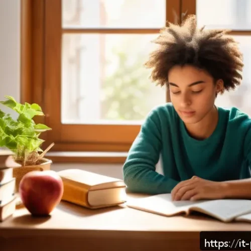 사진 자격증 시험장에서 스트레스 관리 방법 - A young Italian university student sitting calmly at a desk in a bright, cozy room filled with books...
