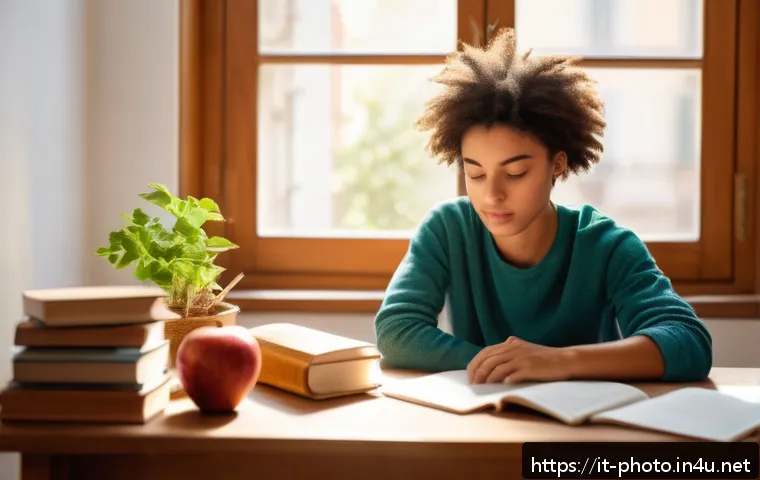 사진 자격증 시험장에서 스트레스 관리 방법 - A young Italian university student sitting calmly at a desk in a bright, cozy room filled with books...