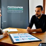 사진 자격증과 관련된 직무 분석 - Photorealistic Italian career counselor and professional photographer conducting a job analysis in a...