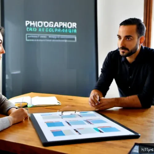 사진 자격증과 관련된 직무 분석 - Photorealistic Italian career counselor and professional photographer conducting a job analysis in a...