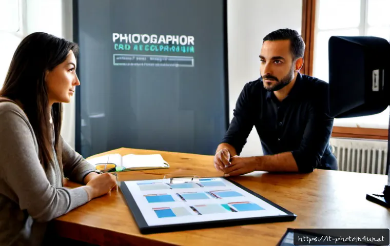 사진 자격증과 관련된 직무 분석 - Photorealistic Italian career counselor and professional photographer conducting a job analysis in a...